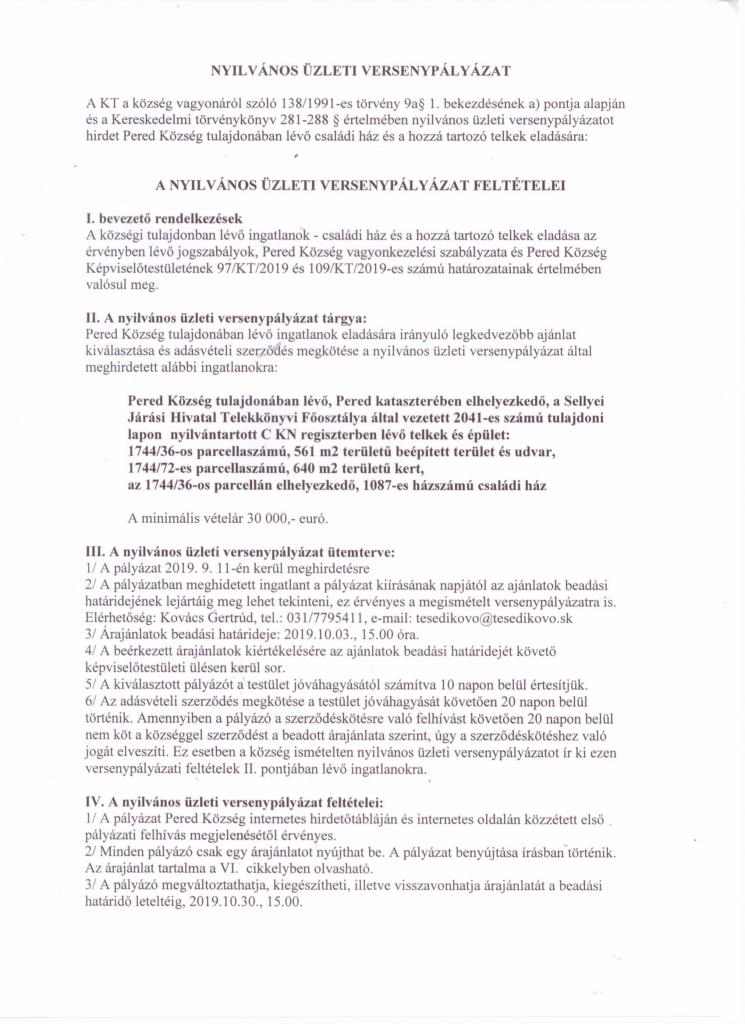 Nyilvános üzleti versenypályázat - községi ingatlan eladása 2019.9.11.