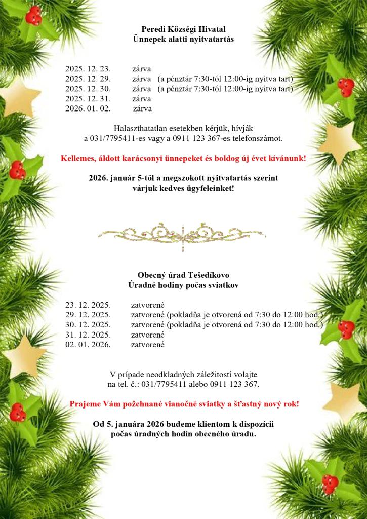 Otváracie hodiny počas vianočných sviatkov