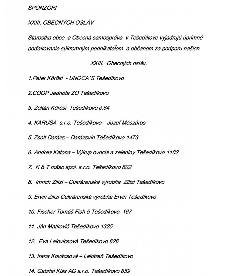 Poďakovanie sponzorom Obecných osláv 2019